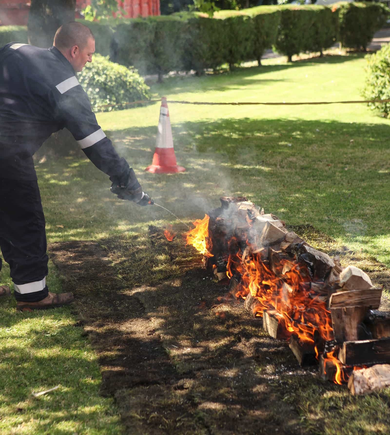 Construction team building fire walk